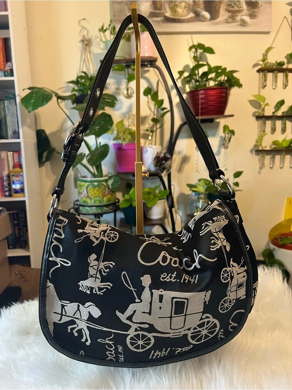 Coach Black and White Carriage Script Hobo Bag